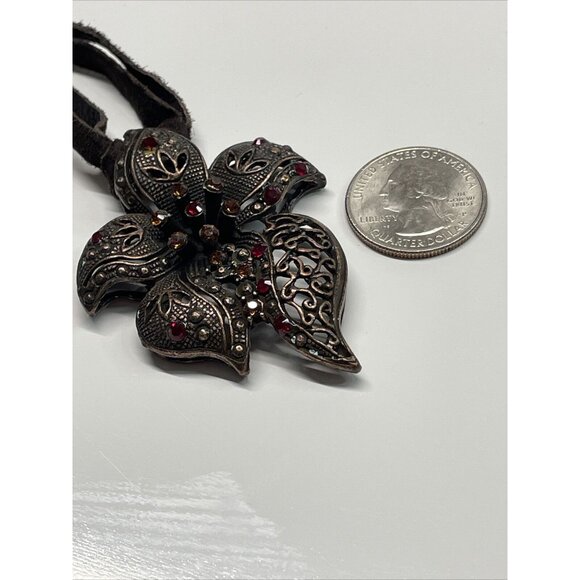 Seasonal Whispers Necklace Brown Suede Ribbon Starburst Flower Rhinestones AL2.3 - Picture 16 of 16